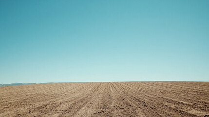 A panoramic view of a freshly plowed field stretching under a bright, clear sky, framed by rolling hills in the distance, embodying farming, cultivation, and the beauty of rural landscapes.
