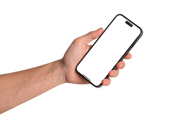 Hand showing smartphone with blank screen isolated on white background. Business, Finance and Technology concept.