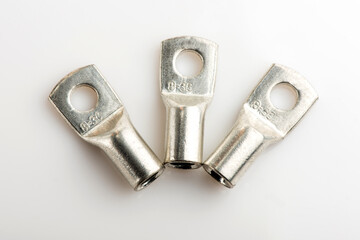 Crimp terminals for electrical wires, tools for electricians. electrical terminals, electrical installation work on white. Connectors for wires.