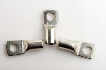 Crimp terminals for electrical wires, tools for electricians. electrical terminals, electrical installation work on white. Connectors for wires.