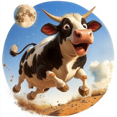Cartoon Cow Leaping Over Moon, whimsical design featuring a playful cow soaring against a crisp white backdrop, vibrant and engaging illustration