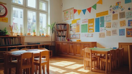 Sunny classroom with wooden furniture, bookshelves, and colorful decorations.