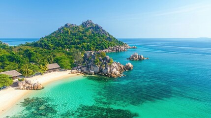 Fototapeta premium A stunning tropical beach scene featuring clear turquoise waters, lush greenery, and rocky formations, perfect for a serene getaway.