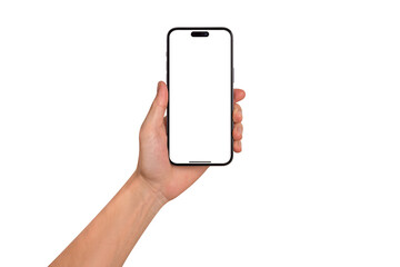 Hand showing smartphone with blank screen isolated on white background. Business, Finance and Technology concept.