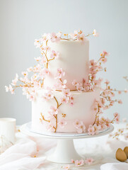 White wedding cake with sakura flowers and gold leaf © Mary1507