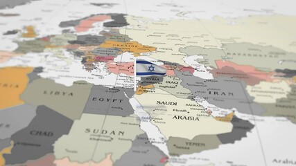 The camera rotating around Israel on the world map takes the focus. Israel flag waving on the map 4K Animation. - Powered by Adobe