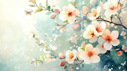 Fototapeta premium Beautiful watercolor painting of cherry blossoms with a butterfly on a serene background