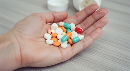 Hand Holding Colorful Pills and Capsules: Concept of Medication Abundance and Variety