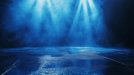 Fototapeta premium A dramatic view of a dimly lit street with wet asphalt reflecting gentle blue spotlight beams, offering a moody and cinematic ambiance for creative design projects.