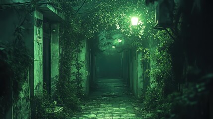 Obraz premium Dark, mysterious alley at night, overgrown with vegetation.