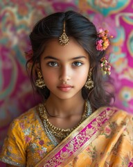 Portrait of a child: traditional attire, cultural essence, vibrant textiles, Indian heritage, youthful gaze, intricate patterns, colorful fabrics, regional identity, ethnic cultural significance.