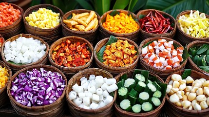   A table brimming with various vegetables, organized in several baskets