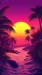 Naklejka premium Breathtaking vibrant tropical sunset over a palm fringed beach with calm ocean waves lapping at the shore Serene and picturesque coastal landscape in a tranquil and idyllic paradise setting