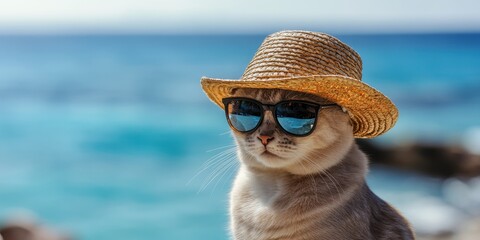 Cool Cat Wearing Sunglasses And A Straw Hat