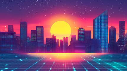 Futuristic cityscape at sunset: a digital dawn. Stellar Horizon. Illustration