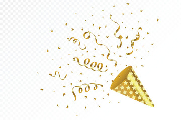 Shiny golden confetti and ribbon explode from a party popper on a white background. Confetti and Tinsel for anniversary, birthday, festival, and holiday celebration decor. Confetti and ribbon vector.