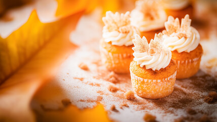 Mini pumpkin cupcakes with cinnamon cream and sugar leaves
