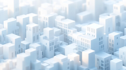 A white city with cube-shaped buildings, 3D rendered in an isometric view, minimalistic bright tones, modern aesthetic, with blurred background and empty space for caption on the side

