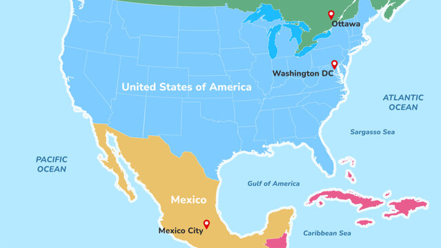 Gulf of America. North America map with countries Mexico and United States with borders. Map of US states and Gulf of America. Vector illustration.