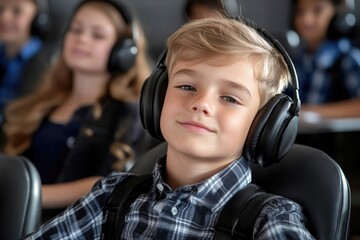A young boy sits in a classroom wearing headphones, fully engaged in listening to audio content. Classmates are visible behind him, also wearing headphones