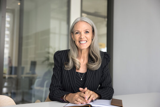 Portrait of company boss, financial advisor smile, looks at camera, take part in virtual meeting related to business, negotiate with client remotely, exudes competence, reliability, professionalism