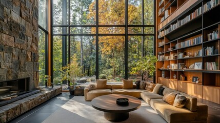 Modern Living Room With Stone Fireplace And Forest View