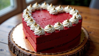 Heart-shaped red velvet cake with whipped cream rosettes and golden accents on a rustic wooden base