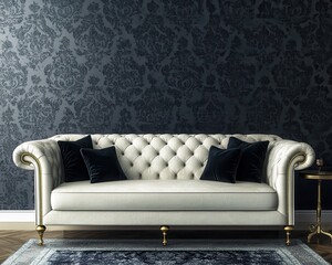 Elegant Off White Sofa Against Dark Damask Wallpaper