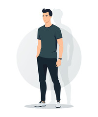 Flat vector illustration of a man in a dark green sweatshirt and black pants. The faceless figure stands in a casual, minimalist pose with a modern aesthetic.