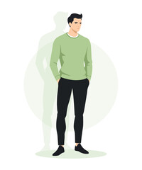 Flat vector illustration of a man in a light green sweatshirt and black pants. The faceless figure has a relaxed posture, designed in a minimalist and modern style.
