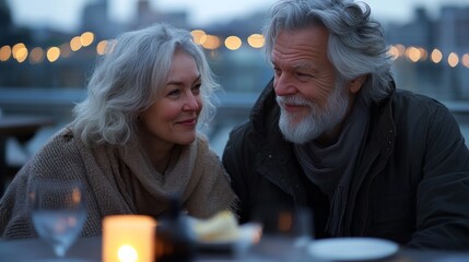 Stylish elderly couple sharing candlelit dinner with modern rooftop ambiance and city lights. The elegance of romantic dining as a silver-haired couple savors a rooftop meal overlooking twinkling city
