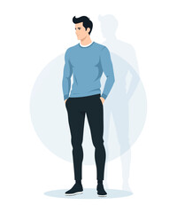 Flat vector illustration of a man in a blue sweatshirt and black pants. The faceless figure stands casually, showcasing a minimalist and modern look.