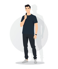 Flat vector illustration of a man in a dark blue T-shirt and black pants. The faceless figure stands in a casual, minimalist style with a modern vibe.