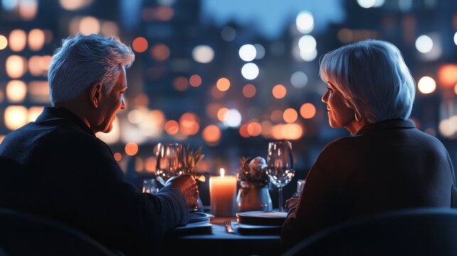 Stylish elderly couple sharing candlelit dinner with modern rooftop ambiance and city lights. The elegance of romantic dining as a silver-haired couple savors a rooftop meal overlooking twinkling city - Powered by Adobe