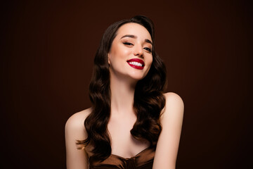 Photo of classy chic attractive lady enjoy celebrate luxury event isolated on brown color background