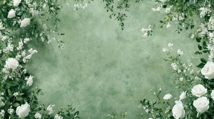 Elegant White Roses and Greenery Frame on a Textured Green Background