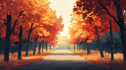 A serene pathway lined with vibrant autumn trees, showcasing hues of orange and yellow, inviting peaceful strolls through nature's beauty.