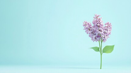 Obraz premium Single purple flower with green leaf on light blue background