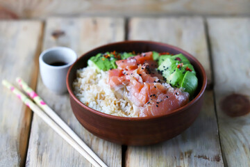 avocado, rice and salmon bowl