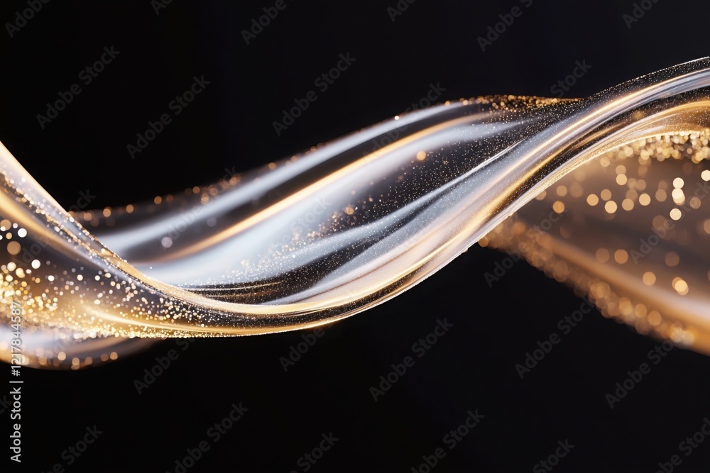 Poster abstract golden particles flowing and sparkling through a transparent wavy surface, creating a mesme