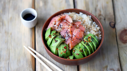 avocado, rice and salmon bowl