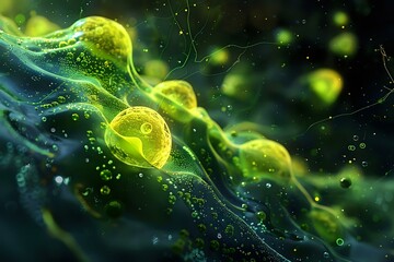 Glowing green microscopic cells with luminescent membranes floating in dark aquatic environment, perfect for scientific or medical visualization backgrounds and biotechnology concepts.