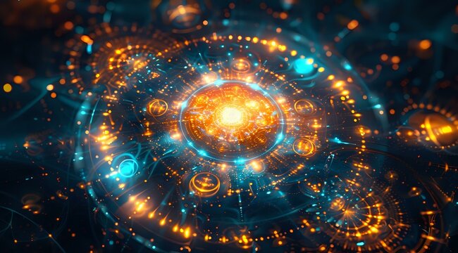 Mystical glowing zodiac wheel with astrological symbols in cosmic space, perfect for horoscope predictions, spiritual websites and esoteric designs.