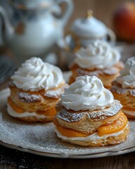 Delicate cream puffs with flaky puff pastry layers filled with vanilla cream and topped with whipped cream rosettes, dusted with powdered sugar. Perfect for bakery menu or dessert promotion.