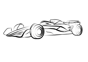 Line art sketch of sports Formula car 2024, side view. Vector line drawing for brochure or t-shirt print.