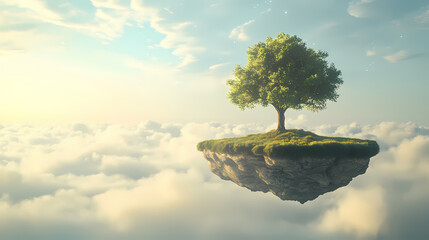 A surreal scene of a solitary tree on a floating island amidst soft clouds, evoking tranquility and nature's beauty. Stellar Horizon. Illustration