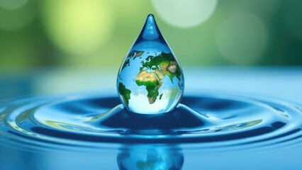 A globe is visible inside a water droplet as it forms ripples in a pool of blue water. Concept of World Water Day.