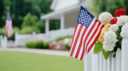 American Flag Decorated with Flowers on White Fence in Front of House Surrounded by Green Lawn