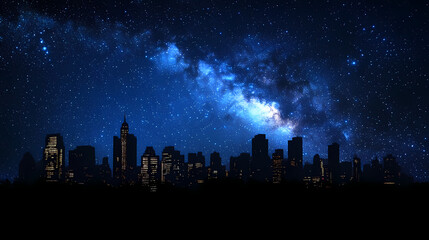 Fototapeta premium City skyline silhouette under a starry night sky with the milky way galaxy glowing brightly in the background. Stellar Horizon. Illustration