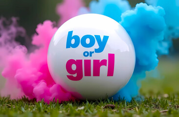 Boy or Girl balloon at a gender party against a background of pink and blue smoke. Genderparty. Gender reveal party.